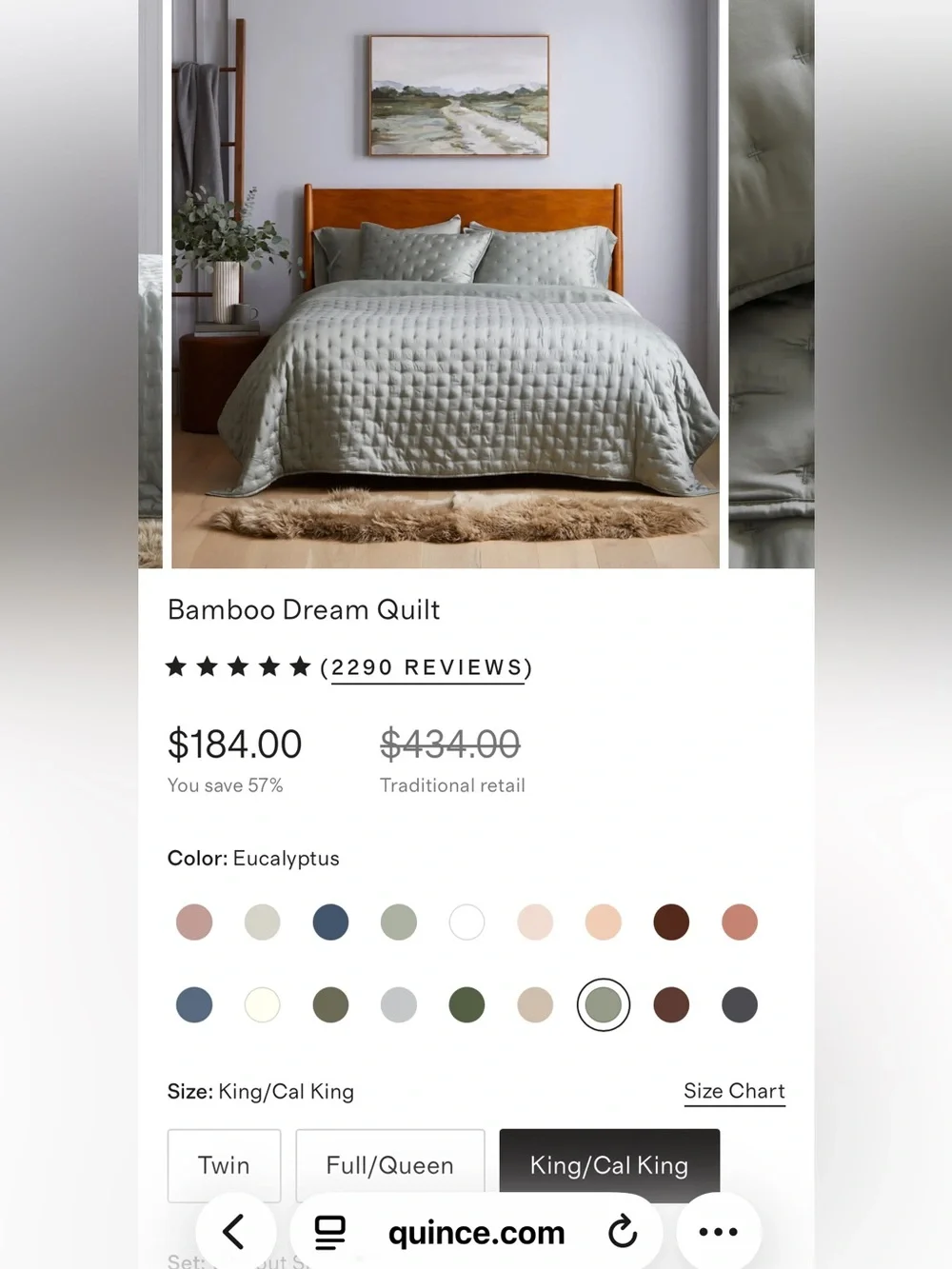 NWT QUINCE Organic Bamboo Dream Quilt Eucalyptus King/ Cal King 9908